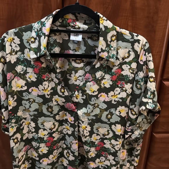 CAbi Tops - CAbi Olive Floral Short Sleeve Button-Up Blouse